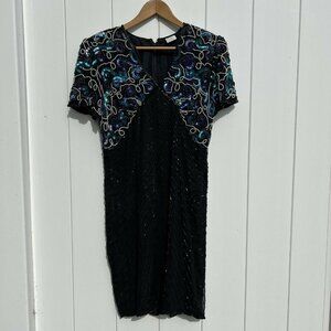 VTG Stenay Black Silk Heavily Embellished Beaded Sequin Dress Blue 10